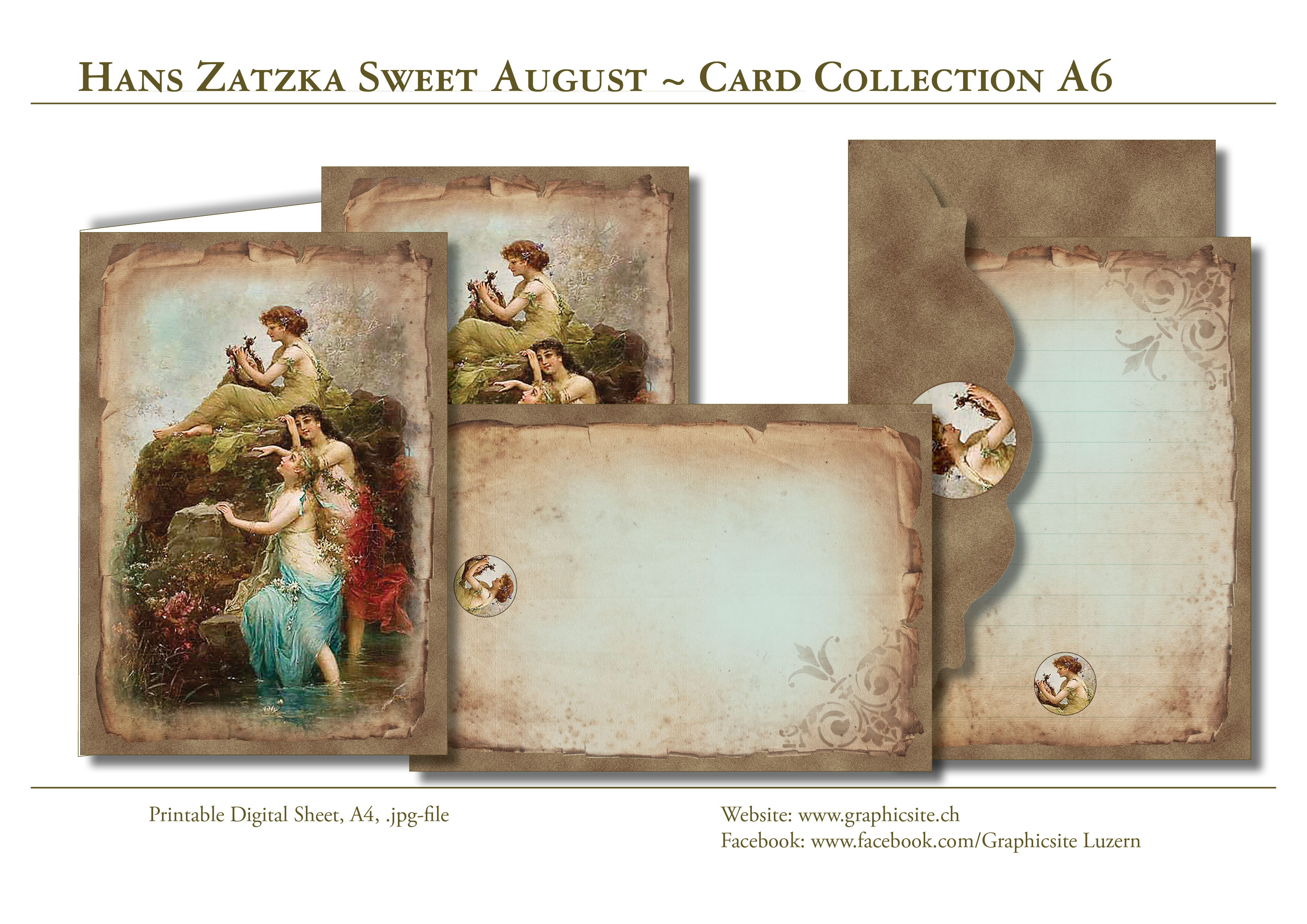 Printable Digital Sheets, Cardmaking, Scrapbooking, Vintage Cards, Love Cards, Summer, Bathing, Nature, paper, Greeting Cards, Hans Zatzka, Graphic Design, Luzern,